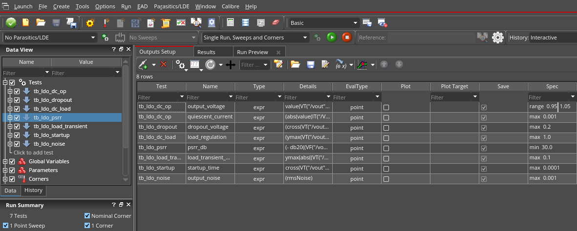 Automatically generated Local VREG verification plan in Cadence Maestro